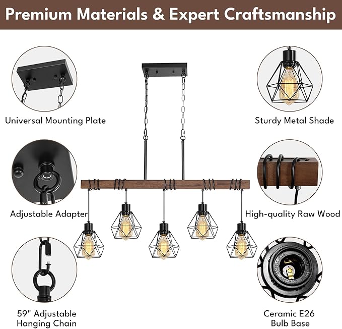 5-Light Kitchen Ceiling Light Fixture - Modern Farmhouse Black Chandelier with Adjustable Height for Dining Room Over Table, Rustic Wood Linear Pendant Island Lights for Kitchen, E26 Base, UL Listed