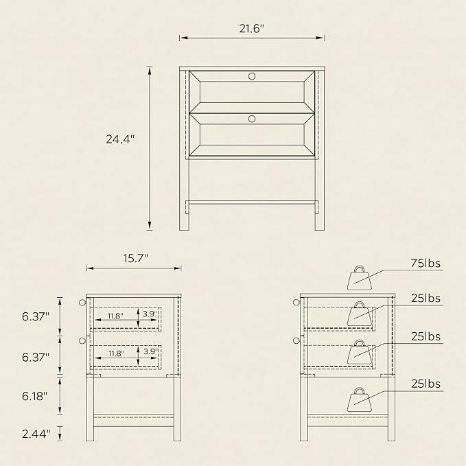 End Tables Set of 2 with 2 Drawers, Farmhouse Nightstand with Open Shelf, Modern Bedside Cabinet Side Table Night Stand for Bedroom, Living Room, Natural Oak