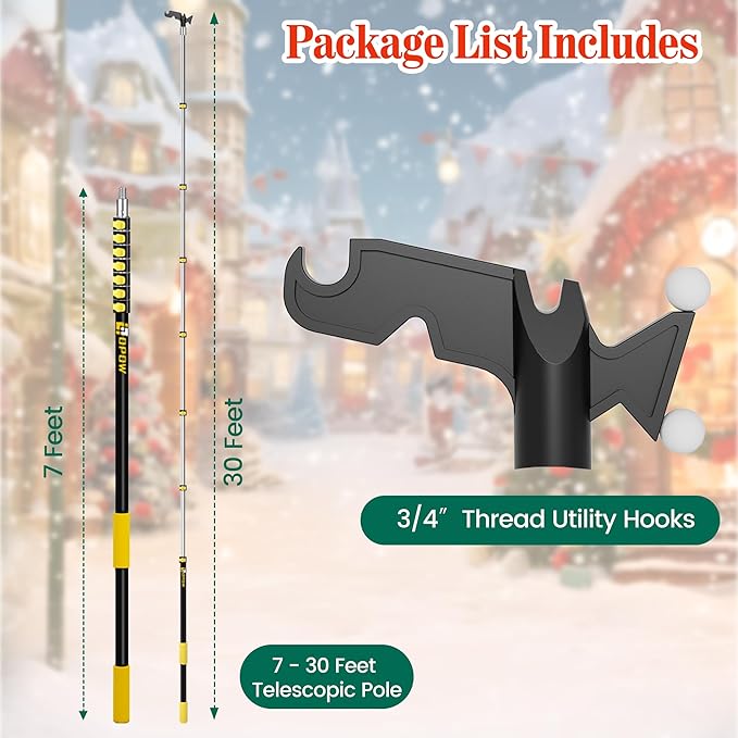 7-30 FT Christmas Light Telescopic Hanger Pole with Utility Hook, Stand Reach 30 Feet Long 3/4 inch Threaded Pole Reaching High Place for Hanging and Installation Lights String, Clothes and Birdfeeder