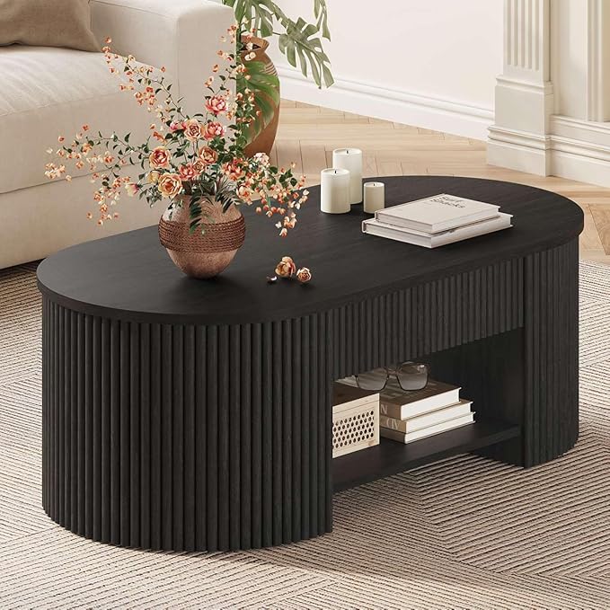 FATORRI Coffee Table for Living Room Storage, Modern Wood Fluted Center Table with Drawer, Mid-Century Oval Living Room Tables with Shelf (Black, 43.31 Inch)