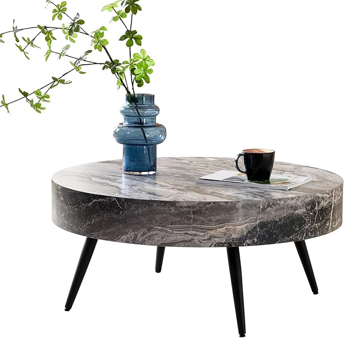 LKTART Coffee Table for Living Room, Round Wood Coffee Tables, Modern Metal Accent Center Tea Table for Apartment Small Space (31Inch-Marble Grey)