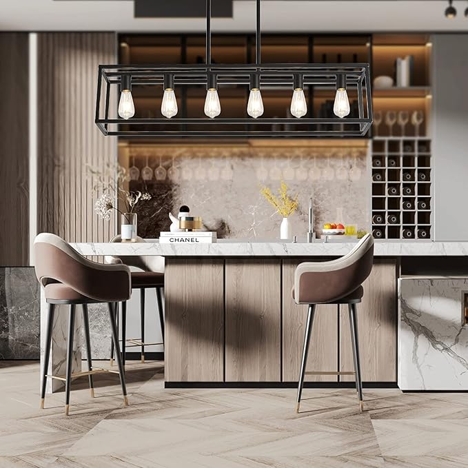 XILICON Farmhouse Chandeliers Rectangle Black 6 Light Dining Room Lighting Fixtures Hanging, Kitchen Island Cage Pendant Lights Contemporary Modern Ceiling Light with Adjustable Rods