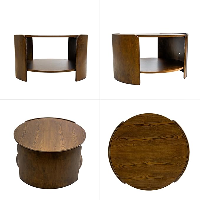DUOMAY Wood Coffee Table, 31.5" Round Coffee Table with Storage Shelf Mid Century Modern Center Table for Living Room Apartment, Walnut Color
