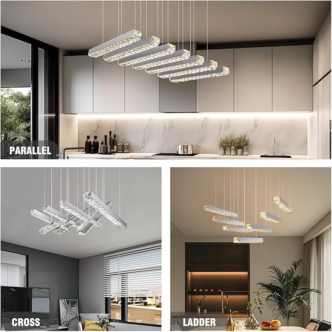 7-Light Linear Crystal Chandelier, LED Modern Chandelier, Chrome Pendant Light Fixture for Living Room Dining Room Kitchen