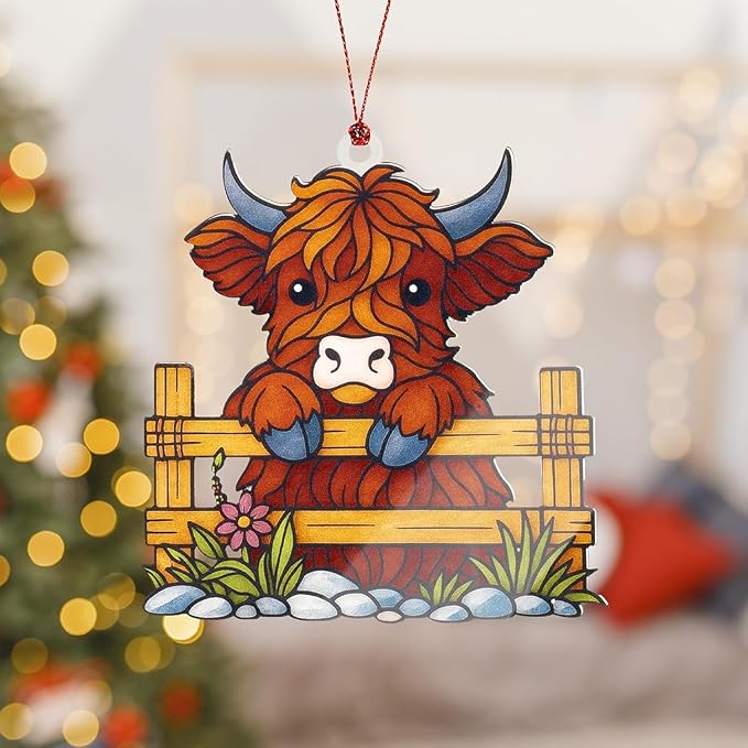 Highland Cow Ornaments, Highland Cow Gifts, Christmas Ornaments 2025, Cute Christmas Ornament, Farmhouse Xmas Orrnaments, Suncatcher Effect Stained Glass Window Hanging, Xmas Tree Hanging Decoration