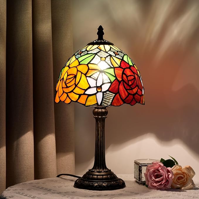 Tiffany Lamp - Rose Flower Stained Glass Table Lamp 8x8x14 Inches - Rose Flower Style Desk Reading Light - Bedroom & Living Room Decor