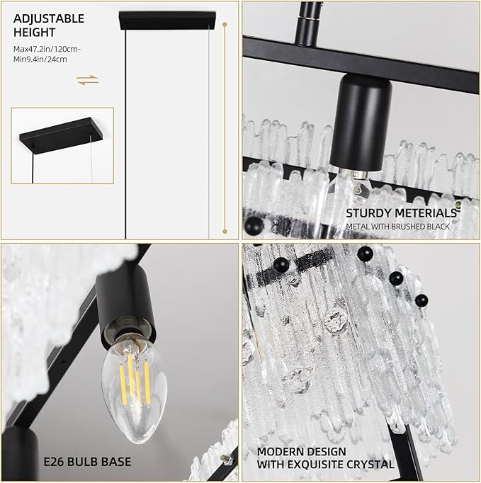 MantoLite Luxe Dining Room Light Fixture Farmhouse Crystal Chandeliers for Dining Room 32" Matte Black Rectangle Design 6-Light Banquet Pendant Light E12 3000K-6000K Compact for