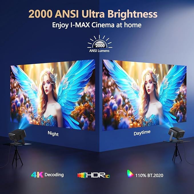 [2000 ANSI/ Official-NetfIix/360°Stand] Outdoor Projector with WiFi and Bluetooth, Auto Focus, Auto Keystone 4K Projector Native 1080P Support 36W DoIby Audio Smart Projector