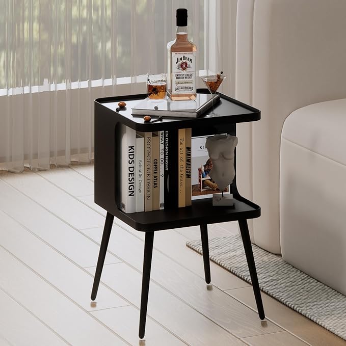 Metal Side Table,Modern end Table,Small nightstand,Bedside Table with Open Storage Shelf for Living Room Bedroom Small Space (Black)