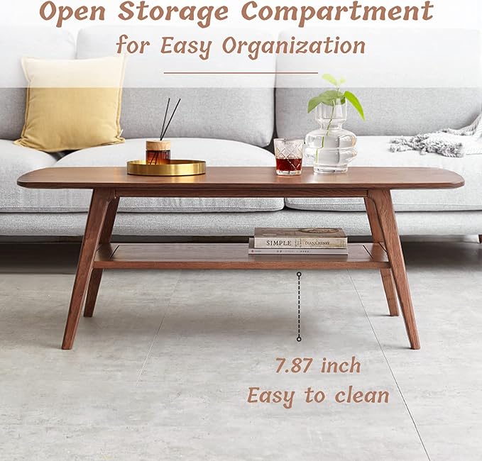 Mid Century Modern Coffee Table: 100% Solid Wood Coffee Table - 2-Tier Storage Design - Practical Coffee Tables for Living Room, Apartment, Easy Assembly (Walnut, 47.24")
