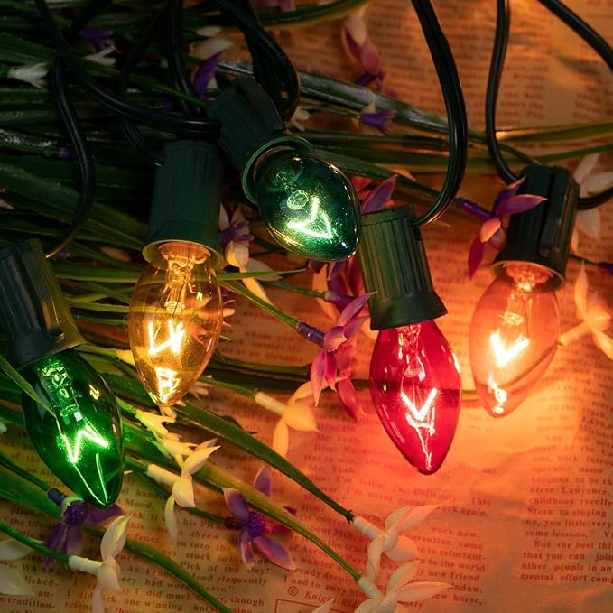 Minetom 25ft C7 Multicolor Christmas String Light Set, Vintage Christmas Tree Lights with 25 Bulbs, Outdoor Roofline String Lights for Patio Garden Holiday Indoor Wedding Home Decorating, Green Wire