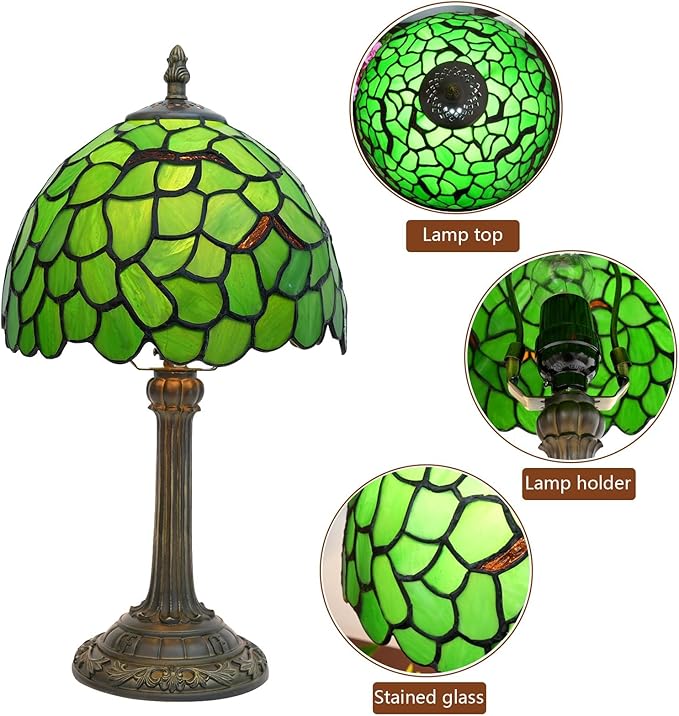 Tiffany Lamp - Green Leaf Stained Glass Table Lamp 8x8x14 Inches - Green Leaf Style Desk Reading Light - Bedroom & Living Room Decor