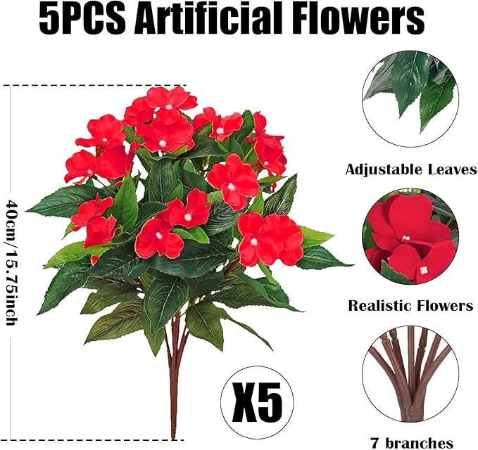 5PCS Artificial Impatiens Bouquet Flowers for Outdoors Silk Faux Flowers for Outdoor Fake Planters UV Resistant Spring Summer Indoor Decor Garden Porch Patio Window Kitchen Balcony, Red