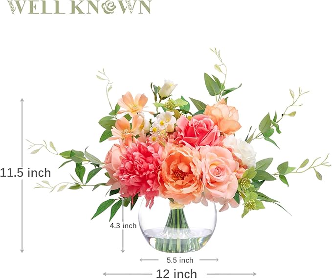 Artificial Flowers in Vase with Fake Water, Silk Peony Rose Flowers Bouquet with Glass Vase for Thanksgiving Party Birthday Wedding Dinning Table Centerpieces Office Decor & Gift (Coral & Peach Plus)