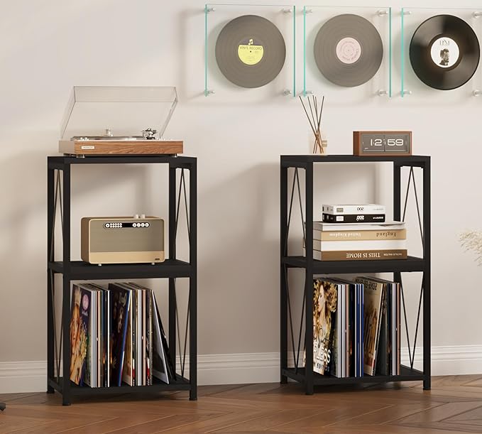 Y&M Record Player Stand, Turntable Stand with Vinyl Record Storage, 3-Tier Record Shelf Display Table for Album CD, Turntable Holder, End Table for Bedroom, Living Room, Office, Black