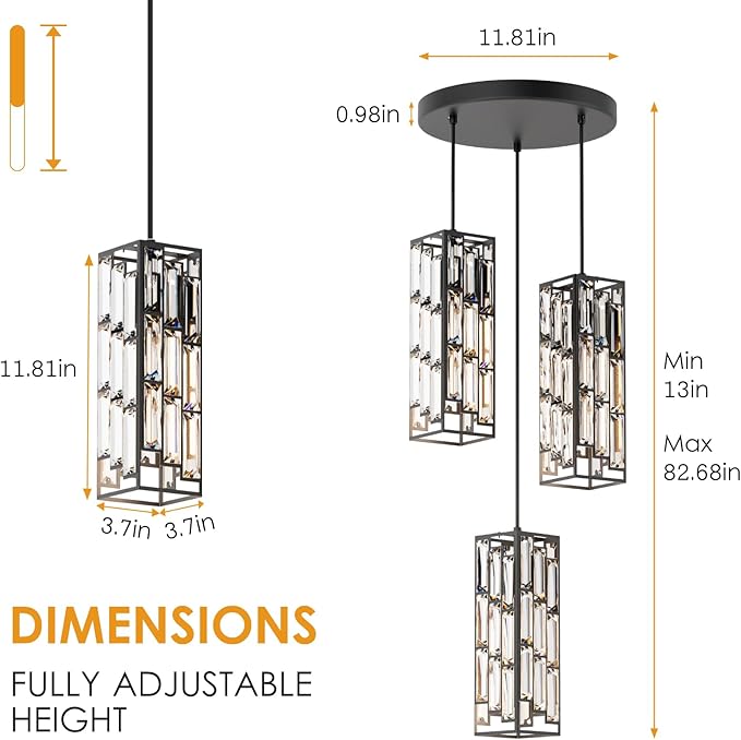 3-Light Black Pendant Lights Modern Pendant Light Fixture, Mini Crystal Pendant Ceiling Light, Pendant Light for Kitchen Island, Dinning Room, Bedroom, Kitchen Sink Lighting (3 Lights)