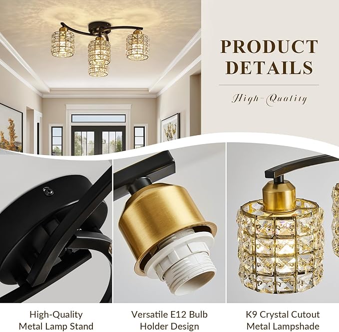 Flush Mount Ceiling Light, 4-Light Black and Gold Semi Flush Mount Lighting Fixture, Modern Farmhouse Ceiling Lamp with Crystal Shade for Bedroom, Living Room, Kitchen, Hallway