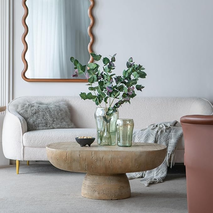 Oval Coffee Table Modern Faux Stone Circle Center Table Accent End Side Table for Living Room, Magnesium Oxide, 36" Cream