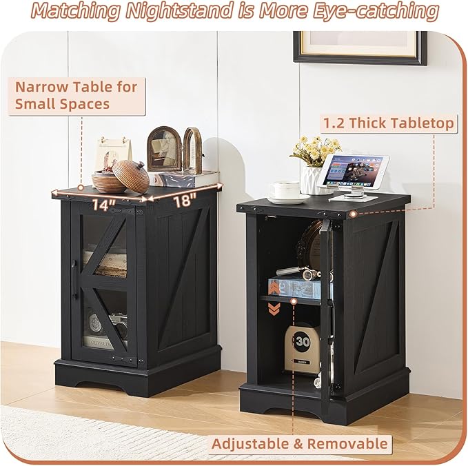Narrow Night Stand for Small Spaces, Farmhouse Side End Table with Glass Barn Door Storage, Wood Bedside Tables, Black Nightstand Cabinet Organizer for Living Room Bedroom