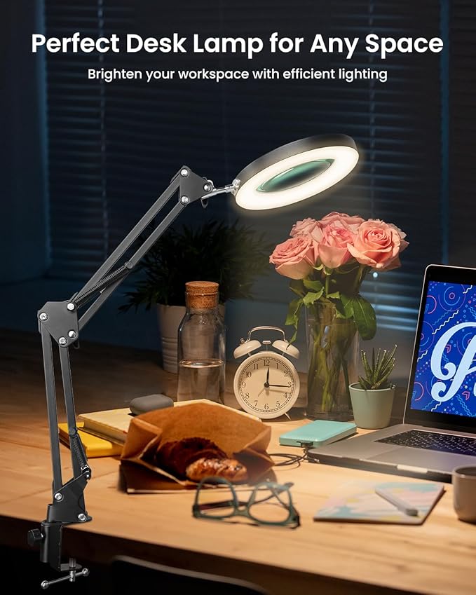 UBeesize 10X Magnifying Glass with Light and Stand, Lighted Magnifying Glasses for Close Work, Reading, Crafts, Jewelry, Sewing, Soldering, Desk Lamp with Clamp with Adjustable Brightness