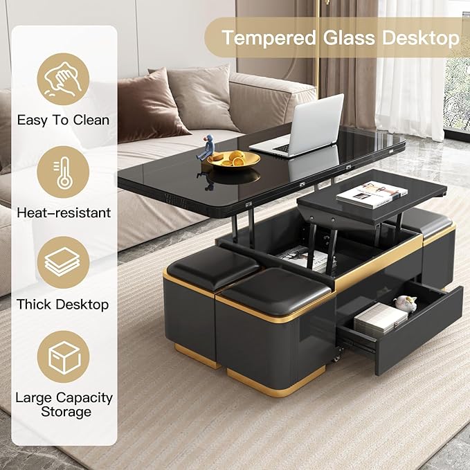 Lift Top Coffee Table with 4 Storage Stools, 3 in 1 Multi-Functional Coffee Table with Drawers, Convertible Table with Hidden Compartment Storage for Living Room, Apartment, Home, Black