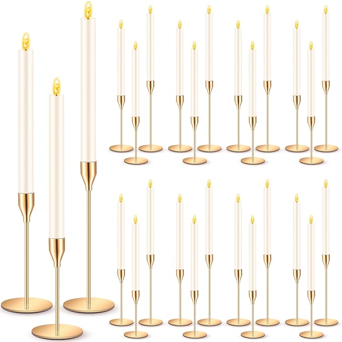 30 Pcs Gold Candlestick Holders with Flameless LED Candles Bulk Includes 15 Metal Candle Holders and 15 Ivory Battery Operated Candles for Wedding Table Centerpieces Home Decor