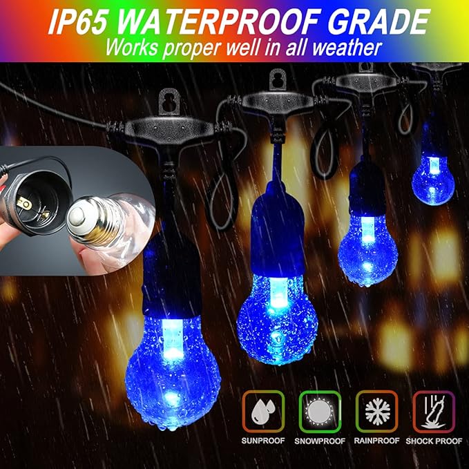 48FT Outdoor RGB String Lights, 16 Shatterproof Edison Bulbs, Dimmable Color Changing Patio Lights with Remote Control. Perfect for Bistro Commercial LED Decorative Lighting