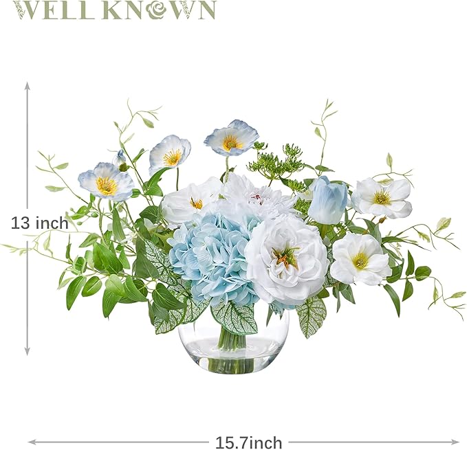 WELL KNOWN Artificial Silk Flowers Bouquet with Vase, Fake Flower Arrangements in Glass Vase with Faux Water for Spring Summer Seasonal Home Office Hotel Wedding Table Decor (Blue in Spring)