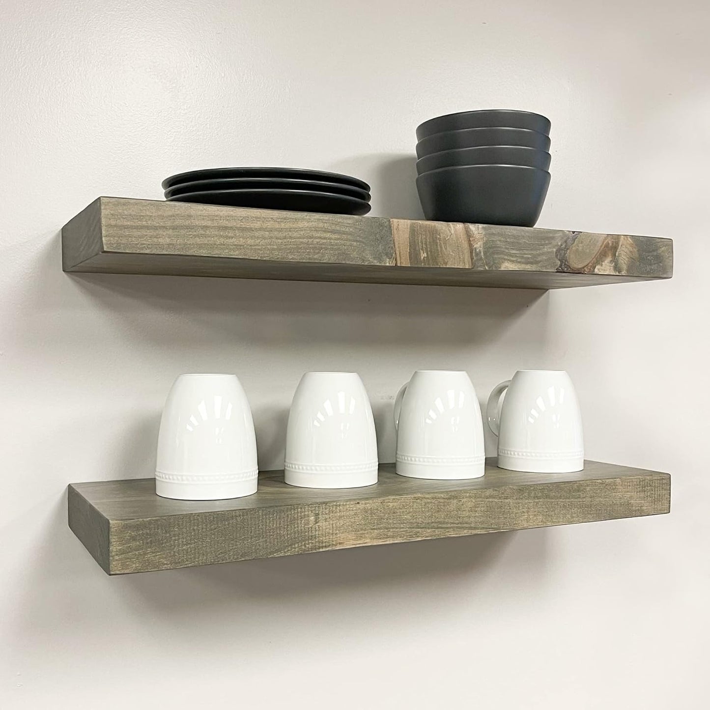 URBANDI, Rustic Floating Shelves, Set of 2, Hidden Bracket, Solid Wood, Heavy Duty, Wall Mounted Shelves, (Grey, 24Wx8D)