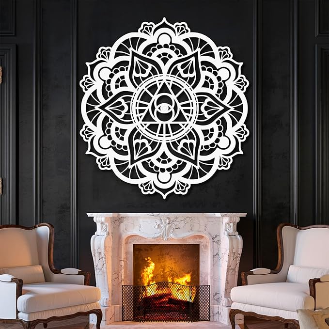XXQ Mandala Eye of Providence Metal Wall Art Sacred Geometry Design, Black and White Abstract Geometric Wall Sculpture for Living Room, Office, Meditation Room (Black, 31" x 31" / 80 x 80 cm)