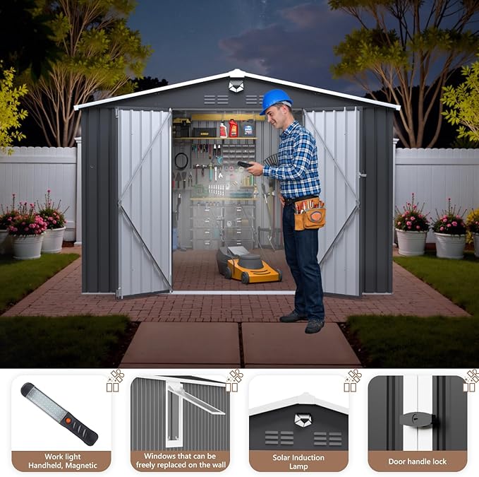 10x12 FT Outdoor Storage Shed, Metal Sheds & Outdoor Storage, Waterproof Sheds with Lockable Doors for Backyard (Black, with Window)