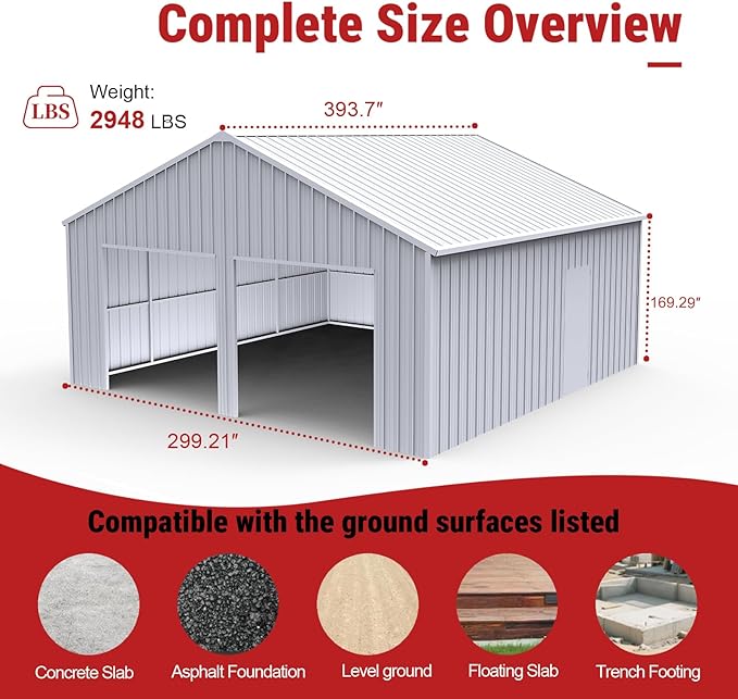 Outdoor Metal Storage Shed, 33x25 FT Large Heavy-Duty Garage Industrial Prefab Steel Building with Side Door for Car, Metal Barn, Outdoor Workshop, RV, Tractor & Equipment Shelter（White）