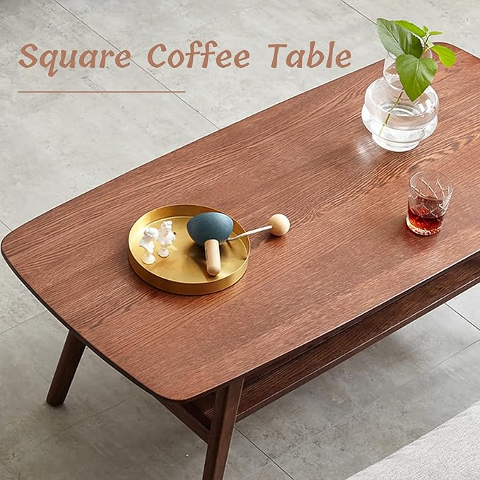 Mid Century Modern Coffee Table: 100% Solid Wood Coffee Table - 2-Tier Storage Design - Practical Coffee Tables for Living Room, Apartment, Easy Assembly (Walnut, 47.24")
