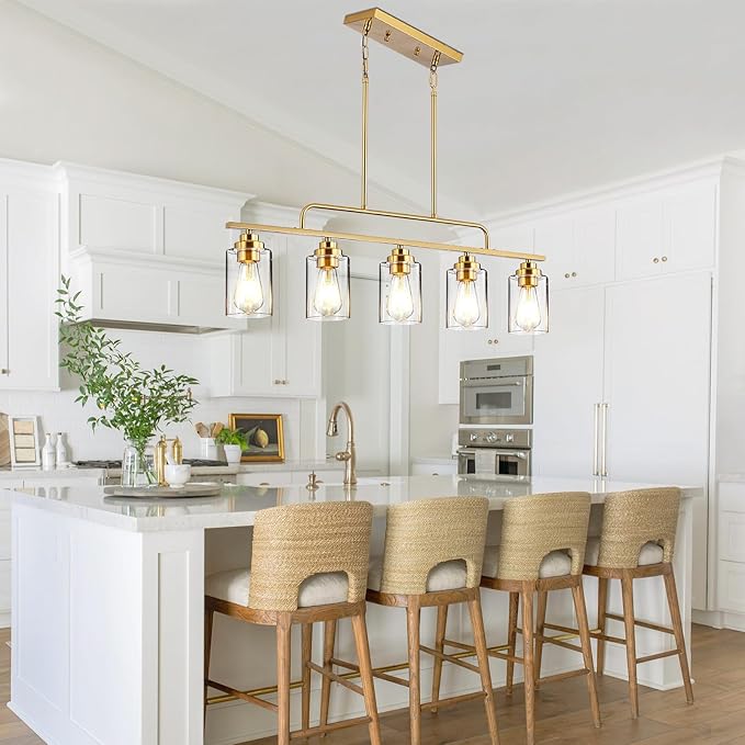 Dining Room Light Fixture - Brushed Gold 5-Light Farmhouse Chandelier Kitchen Island Lights Fixtures Modern Linear Chandeliers Hanging Pendant Lighting Over Table for Dining Room