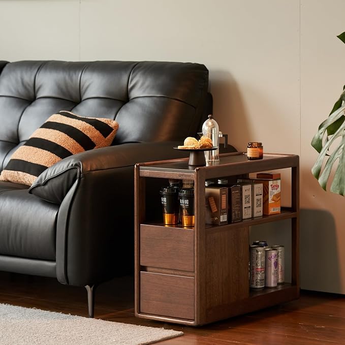 100% Solid Wood Side Table with Wheels, Narrow Side Table with Storage Drawers, Rolling Bedside Table for Bedroom Living Room Space Saving (Walnut, 11.81" D x 26.77" W x 23.23" H)