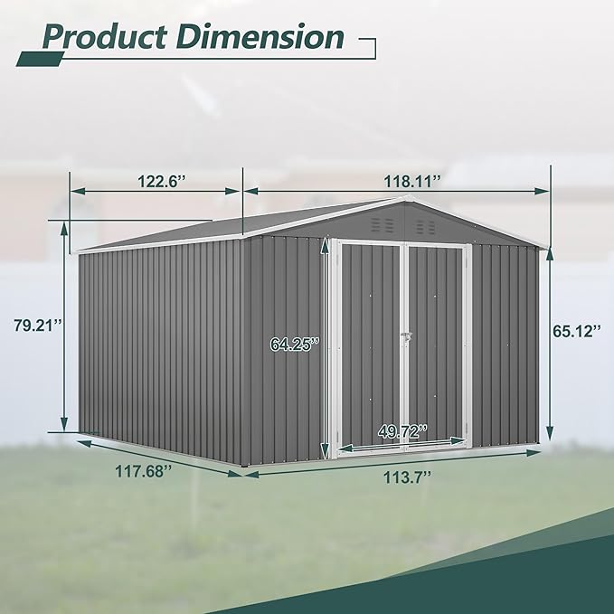 10x10 FT Outdoor Storage Shed, Large Metal Garden Shed with Lockable Hinged Doors, Outside Tool Shed with Sloped Roof & 4 Air Vents, Waterproof Storage Building for Backyard, Patio, Lawn, Gray