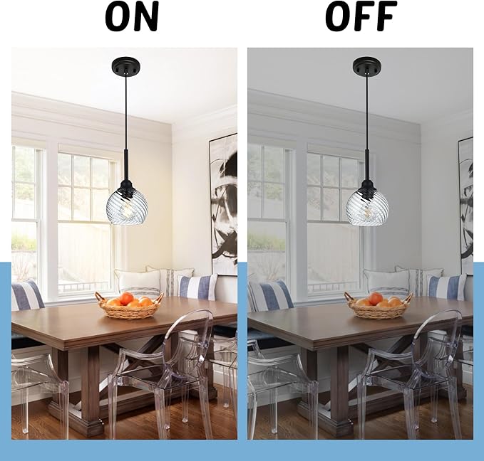 3 Pack Dining Room Light Fixtures Hanging with Clear Striped Swirl Globe Glass, Stylish Kitchen Island Hanging Pendant Light Black for Bar Hallway Bedroom, 1-Light