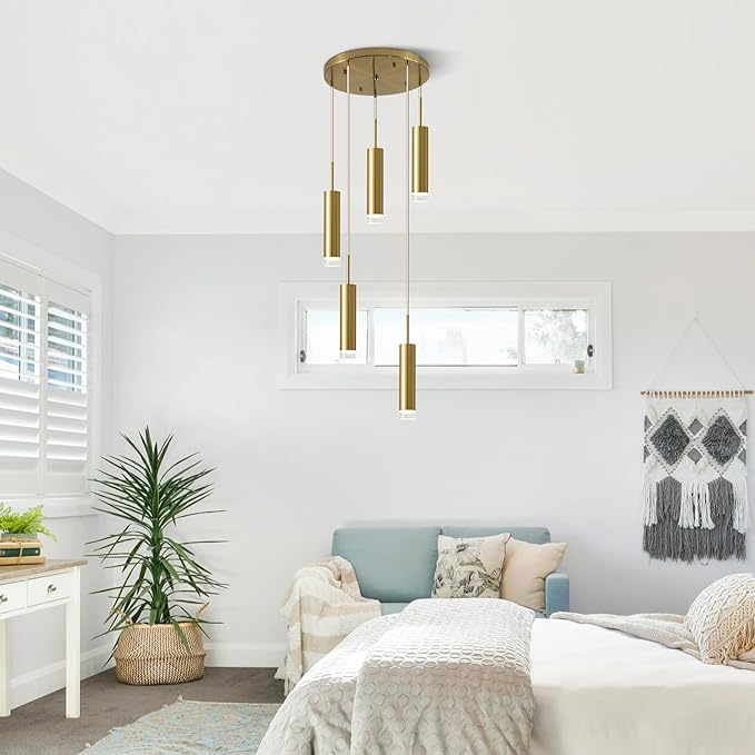 KCO Lighting 5 Lights Cluster Pendant Lighting Cylinder Gold Pendant Light Mid Century Modern Hanging Ceiling Light Fixture for Living Room Kitchen Island Hallway