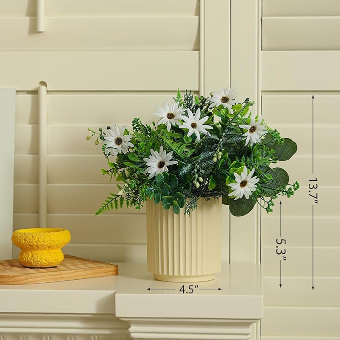 Artificial Flower and Fake Plants in Ceramic Pot,Artificial Plants Indoor, Fake Flowers in Vase for Table Centerpiece Decorations, Faux Plants Flowers Arrangement for Home Office Decoration