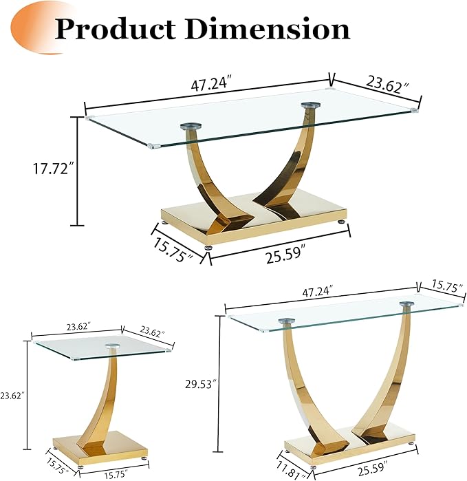 Modern Glass 3 Piece Living Room Table Set, Coffee Table Set with 1 Glass Coffee Table, 1 End Tables and 1 Console Table, Gold Horn-Shaped Stainless Steel Base for Living Room, Office