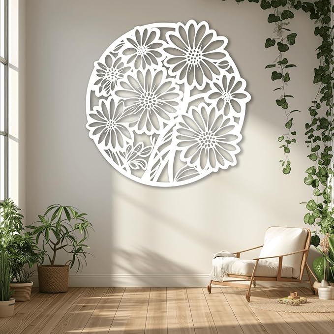 XXQ Metal Wall Art Decor, Daisy Flower Metal Wall Art Sculpture for Indoor Outdoor Line Wall Art for Bedroom Living Room and Kitchen (White, 28" x 28" / 70 x 70cm)