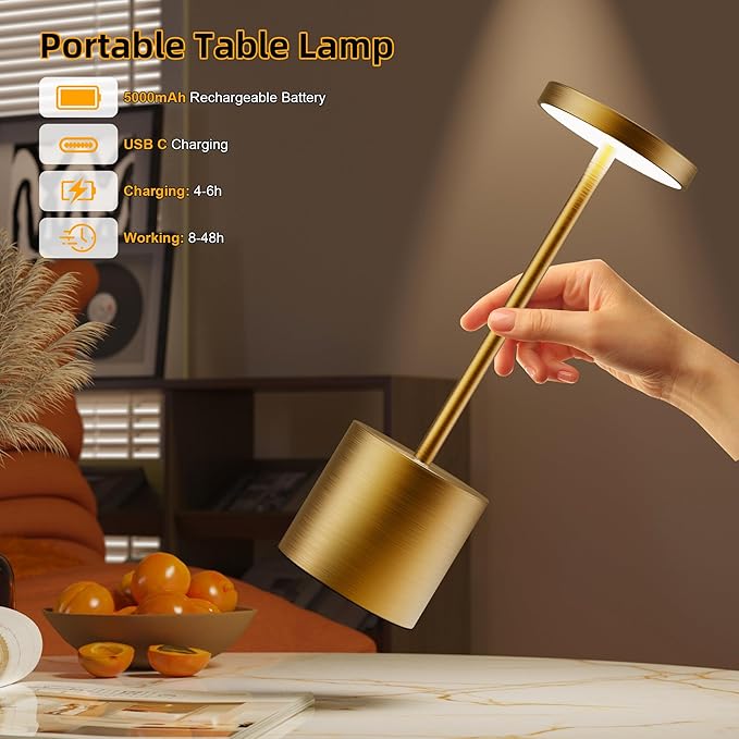 Cordless Table Lamps Rechargeable - Outdoor Waterproof LED Table Light Portable 5000mAh Battery Operated Lamp 3 Color Stepless Dimming with Memory Function for Restaurant Dining Patio Gold