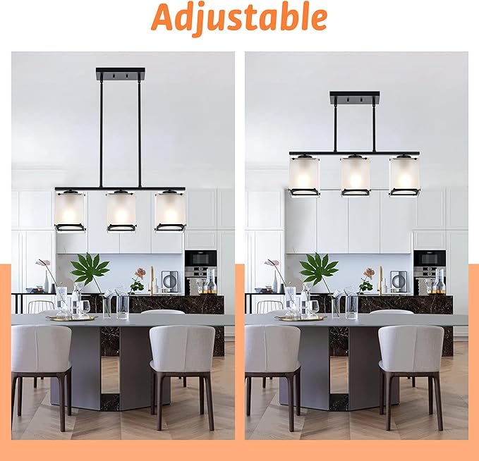 3-Light Dining Room Light Fixture Kitchen Island Lighting with Frosted Glass Shade Linear Black Chandelier Pendant Lighting Over Table for Dining Table Kitchen Island, Adjustable Height
