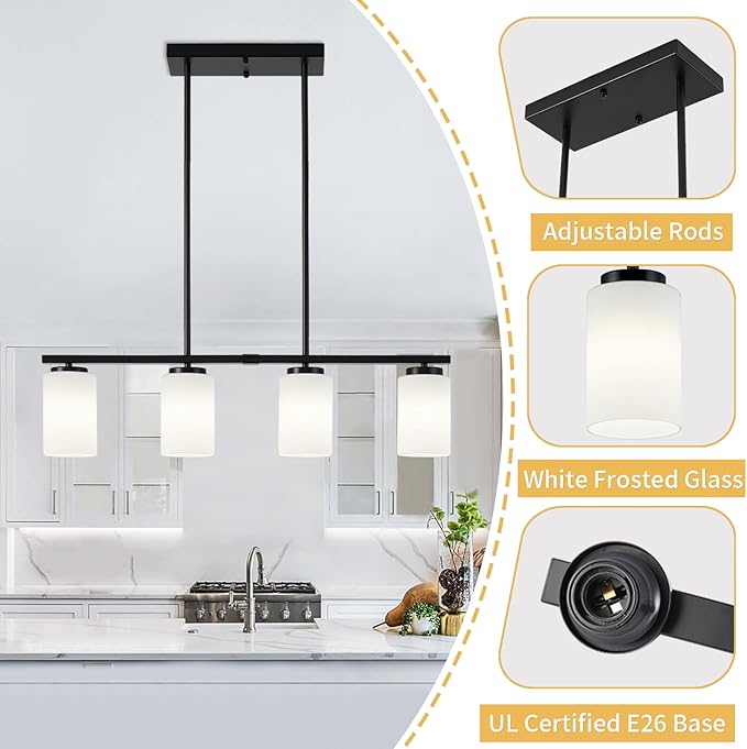 4-Light Modern Island Lights for Kitchen, Black Dining Room Light Fixtures Farmhouse Linear Chandeliers Over Table, White Frosted Glass Adjustable Hanging Light Kitchen Pendant Lighting Over Island