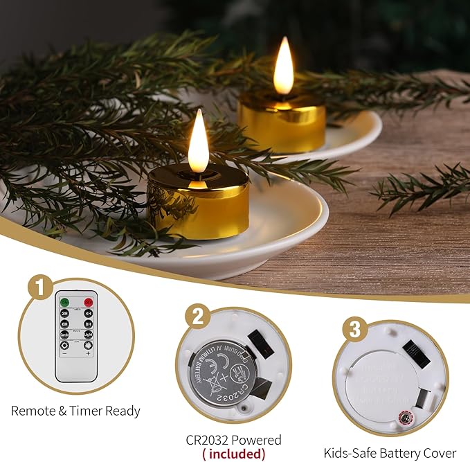 Eywamage Gold Christmas LED Tealights with Remote Batteries, Flickering Flameless Tea Lights Votive Candles Set of 12
