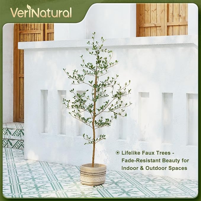 Artificial Black Olive Tree 5FT Indoor Outdoor Decor Faux Plants - Real Wood Trunk Fake Tree with Green UV Resistant Leaves - Tall Floor Plant for Modern Home Office Living Room Decoration