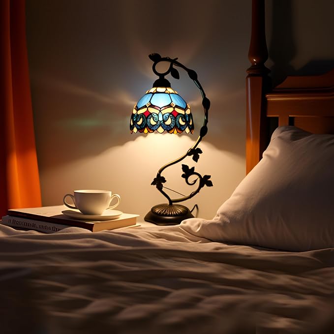 Tiffany Table Lamp, Stained Glass Desk Reading Light,Metal Leaf Table Lamp Base 8X10X21 Inches (Blue Baroque)