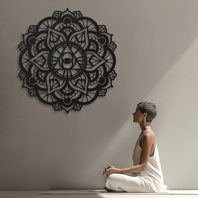 XXQ Mandala Eye of Providence Metal Wall Art Sacred Geometry Design, Black and White Abstract Geometric Wall Sculpture for Living Room, Office, Meditation Room (Black, 47" x 47" / 120 x 120 cm)