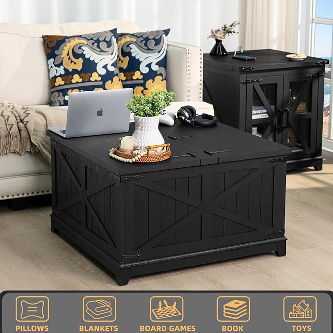 Farmhouse Coffee Table with Hidden Storage Organizer, Black Square Large Center Table, Wood Farm House Low Modern Living Room Tables with Hinged Lift Top for Home, Office