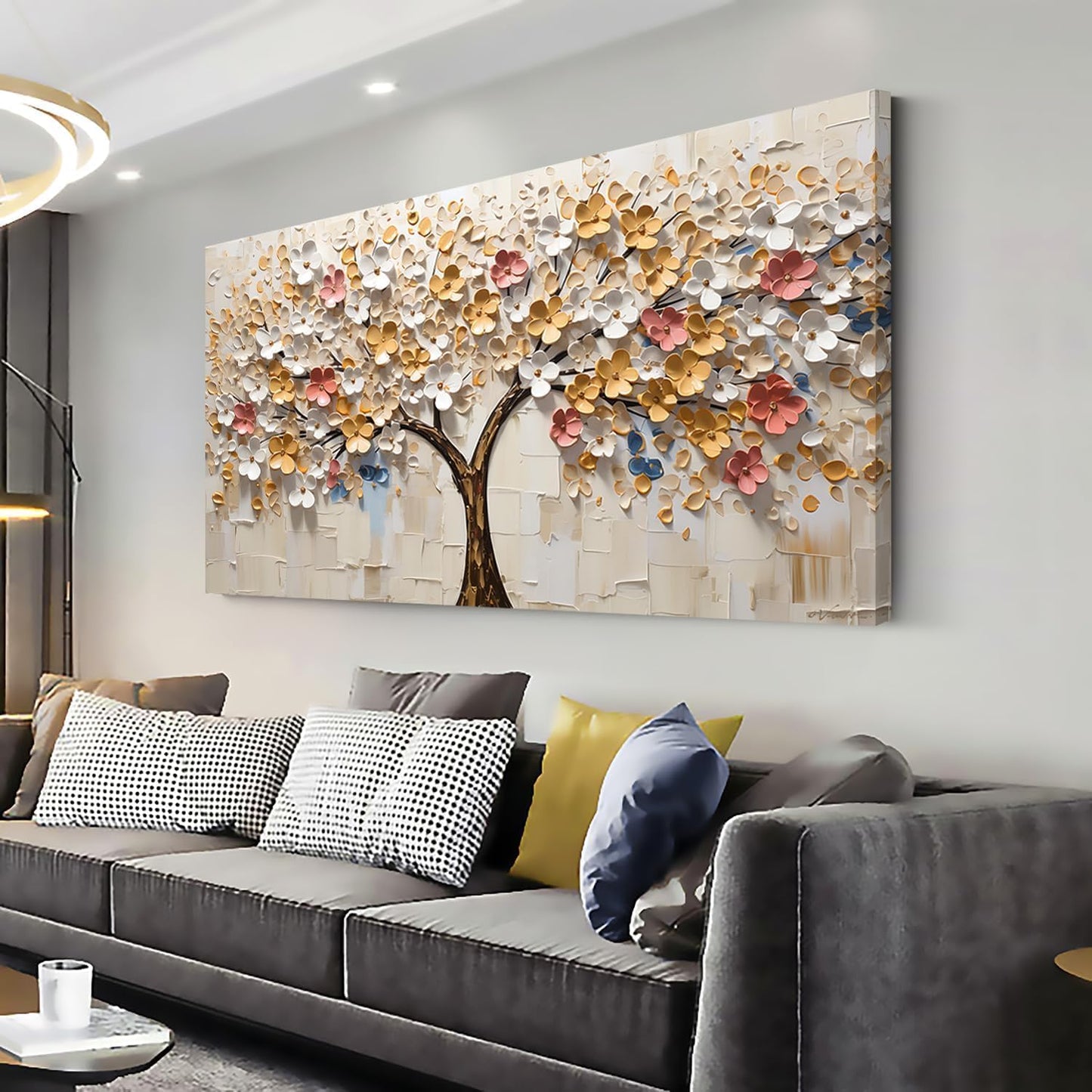 LASMOND White Spring Tree of Life Wall Art Office Decor Living Room Modern Painting Prints Pictures Abstract Floral Flower Nature Canvas Large Landscape Artwork (16x30 Inches)